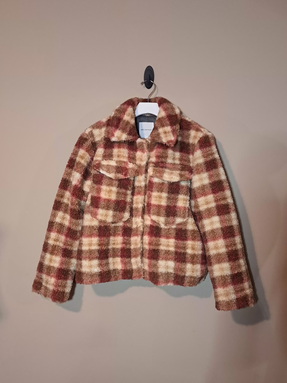 Avec Les Filles Plaid Teddy Jacket in Beige & Rust